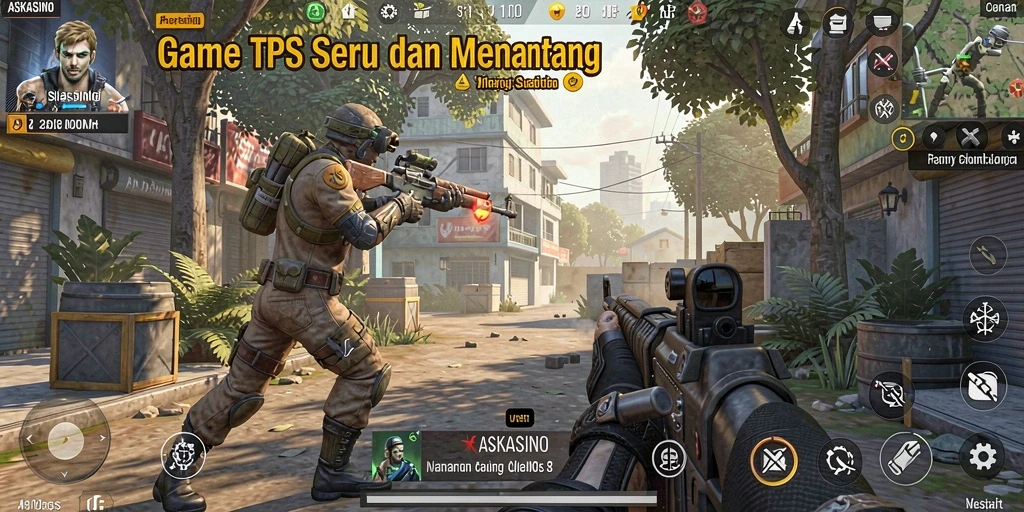 Tampilan utama gameplay ASKASINO dalam pertempuran TPS seru.