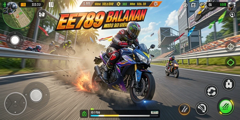 Screenshot gameplay EE789 menunjukkan aksi balapan motor yang seru.