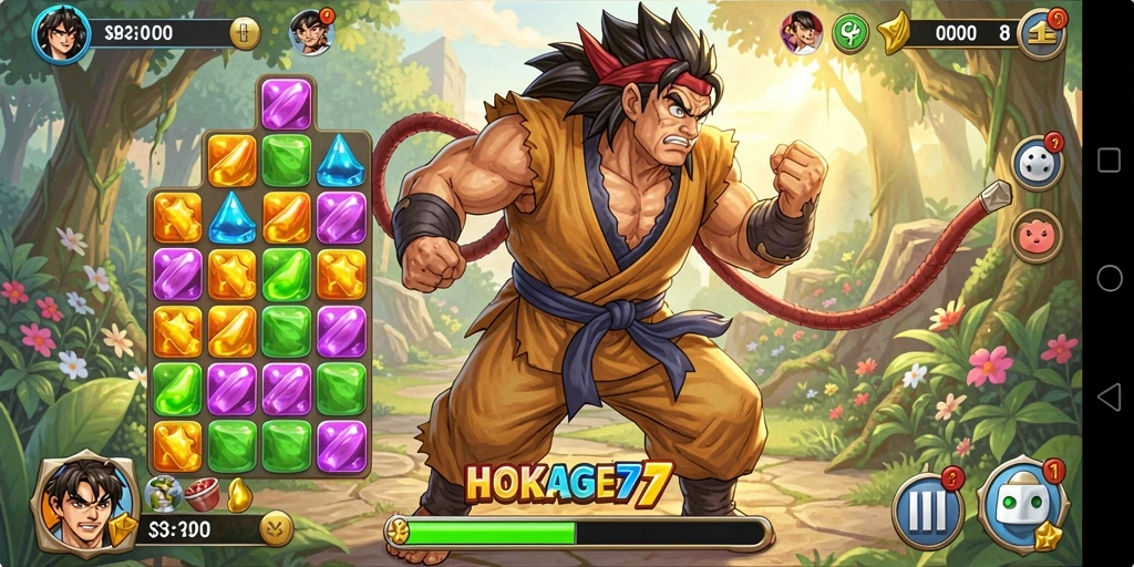 Tampak layar permainan HOKAGE77 dengan level Match-3 yang menantang.
