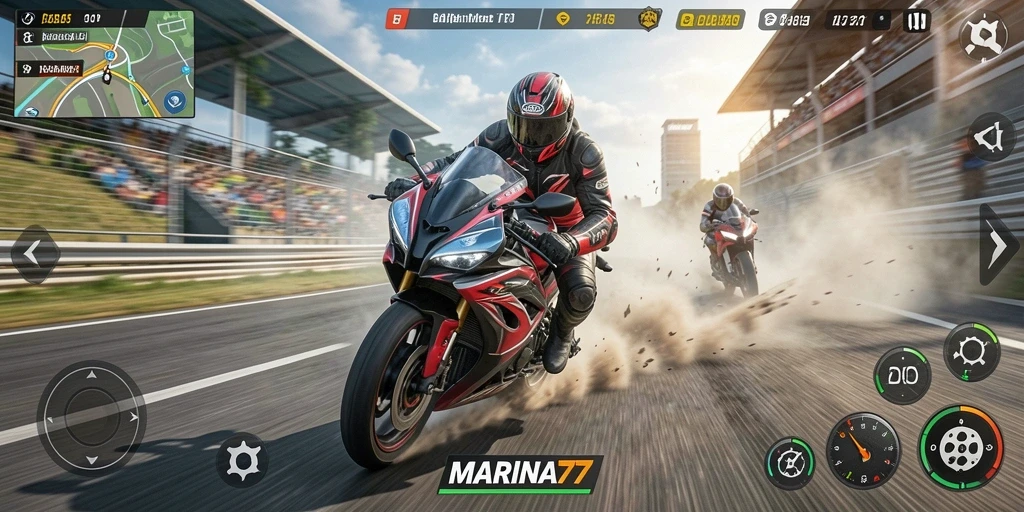 Screenshot gameplay MARINA77 menampilkan balapan motor yang intens.