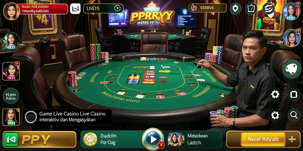 Screenshot gameplay PPRRYY menunjukkan dealer profesional dan pemain menikmati permainan langsung.